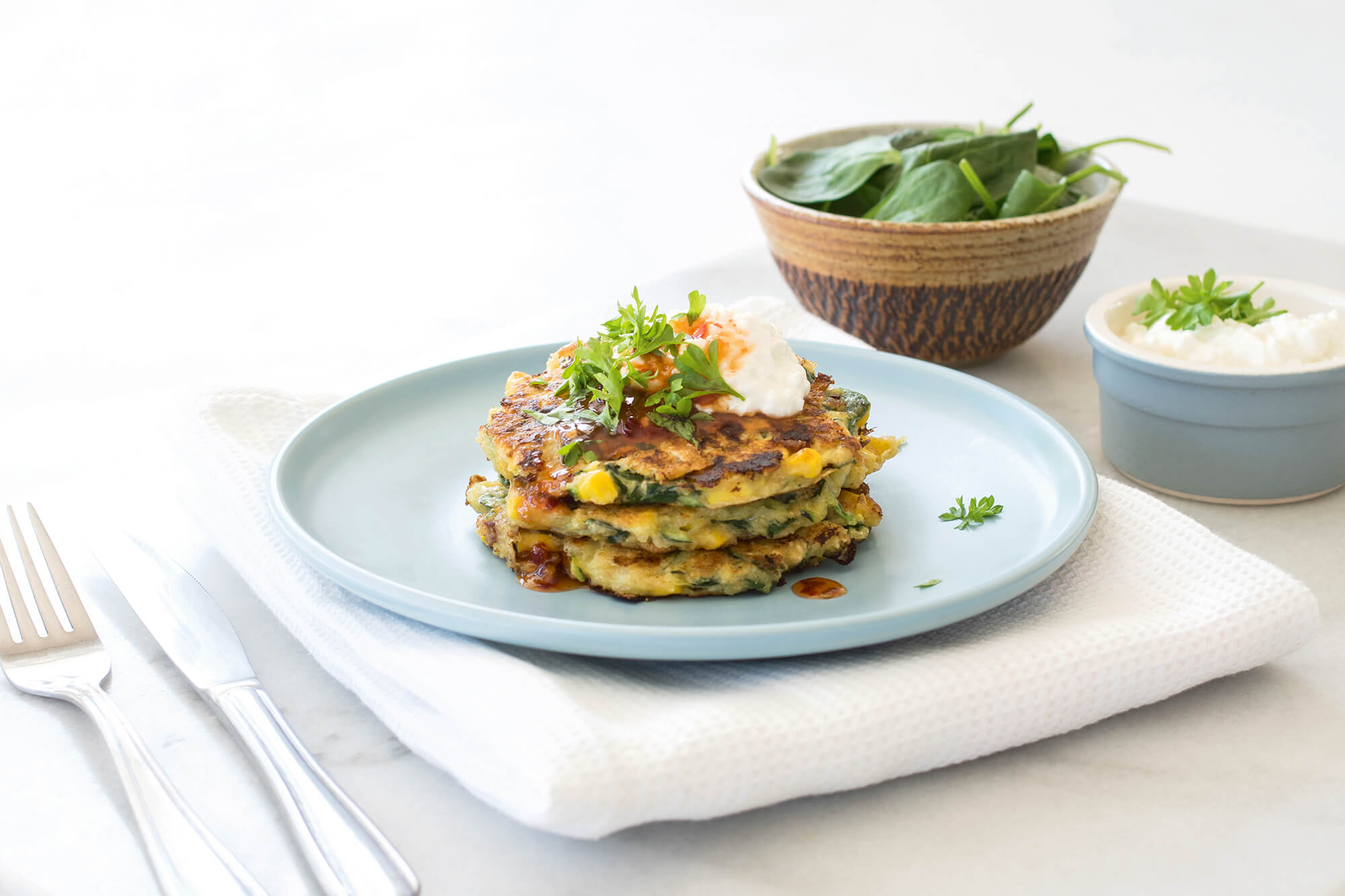 Cheese Fritters with Corn, Baby Spinach & Zucchini | Bulla