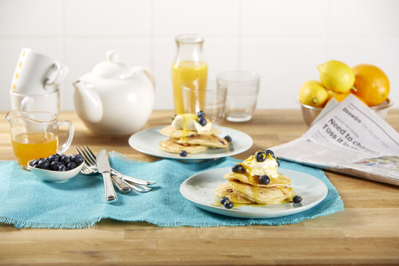 Coconut Blueberry Pancakes with Crème Fraîche & Syrup | Bulla