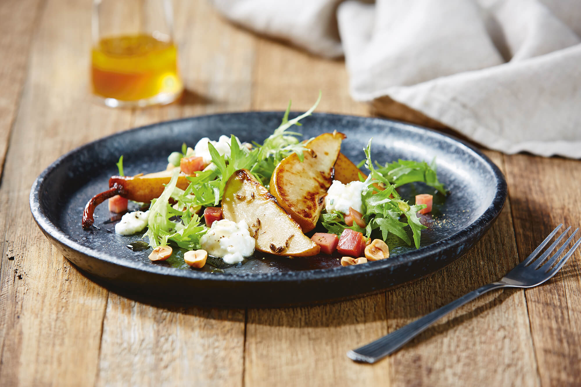 Roasted Pear Salad with Hazelnuts, Cottage Cheese and Pancetta